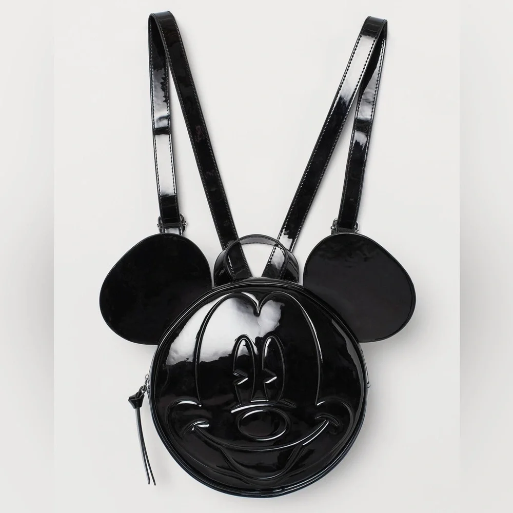 H&M RARE Disney Mickey Mouse Black Faux Patent Leather Round Backpack